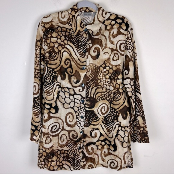 Chico’s | Artsy Earthy Linen Button Up Long Sleeve Button Up Tunic Top | 4 - Picture 1 of 8